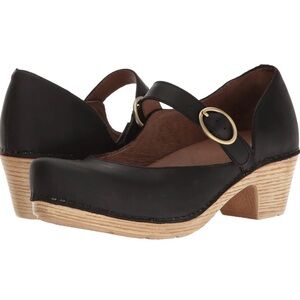 Dansko Black Missy Mary Jane Clogs with Tan Heel